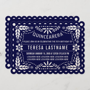Navy blue and white papel picado Quinceañera Invitation