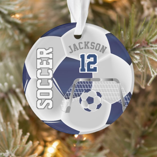 Navy Blue and White Personalise ⚽ Soccer Ball Ornament (Tree)