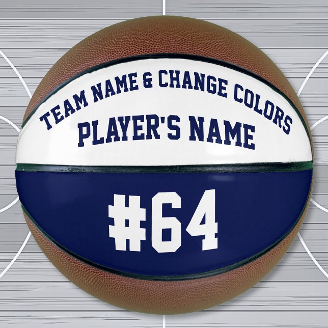 Navy Blue and White Personalised Basketball Ball (Senior Night gifts for basketball. Blue White, Custom Printed Basketball. Basketball Birthday Gifts.)