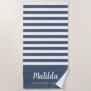 navy blue and white personalised summer  beach towel