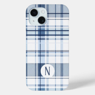 Navy Blue and White Plaid Pattern iPhone 15 Case
