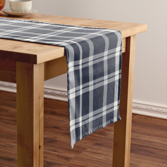 Navy Blue and White Plaid Tartan Short Table Runner (In Situ)