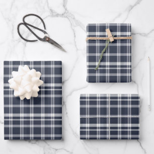 Navy Blue and White Plaid Tartan Wrapping Paper Sheet