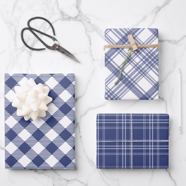 Navy Blue and White Plaid Wrapping Paper Set of 3 (Front)
