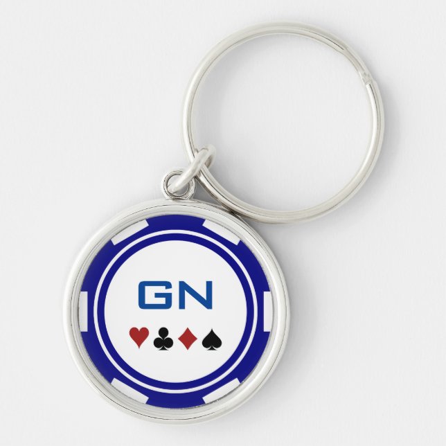 Navy Blue And White Poker Chip Casino Las Vegas Key Ring (Front)