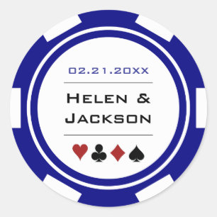 Navy Blue and White Poker Chip Casino Wedding Classic Round Sticker