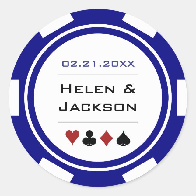 Navy Blue and White Poker Chip Casino Wedding Classic Round Sticker (Front)
