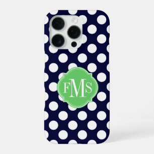 Navy Blue and White Polka Dot Pattern Monogram iPhone 16 Pro Case