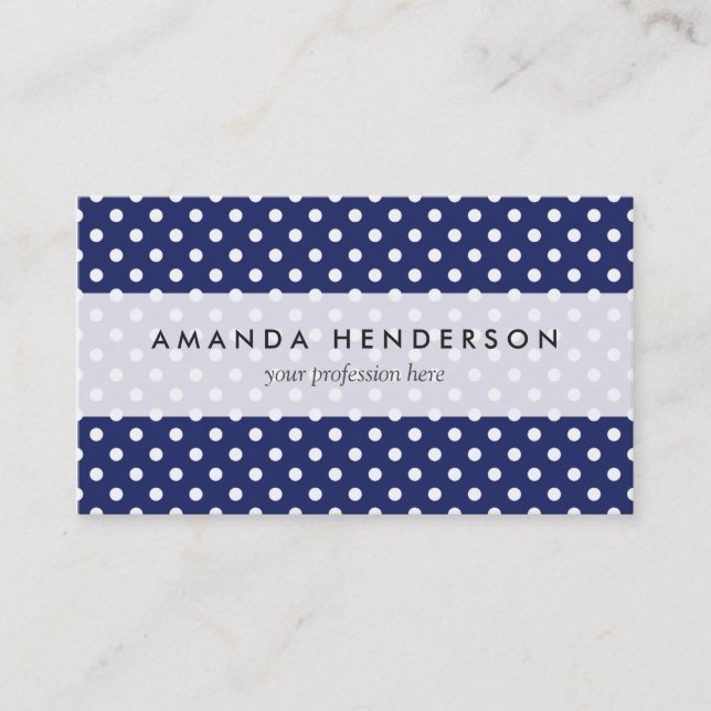Navy Blue and White Polka Dots Pattern Business Card (Front)