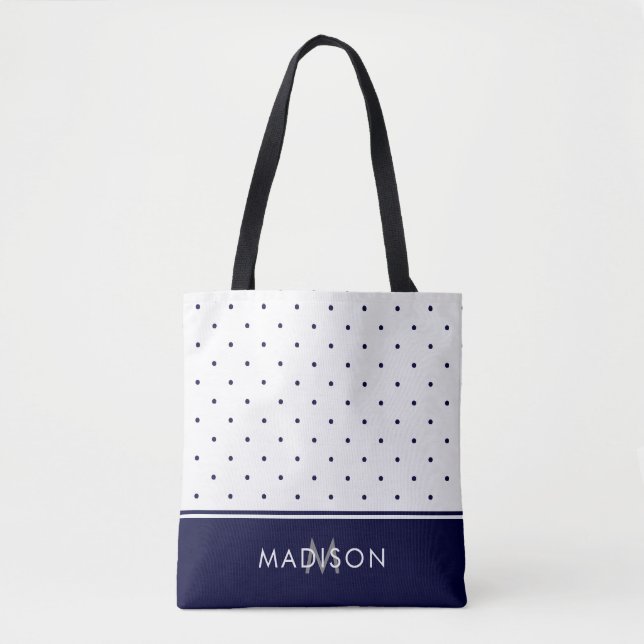 Navy Blue and White Polka Dots with Monogram Tote Bag (Front)