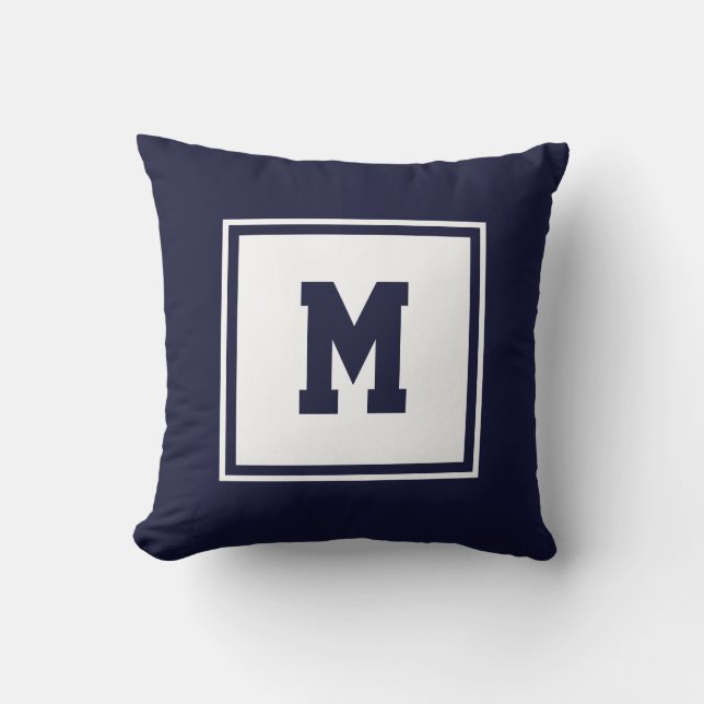 Navy Blue and White Preppy Square Monogram Custom Cushion (Front)