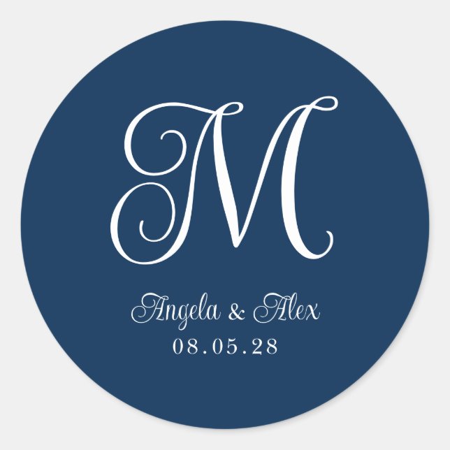 Navy Blue and White Pretty Curly Wedding Monogram Classic Round Sticker (Front)