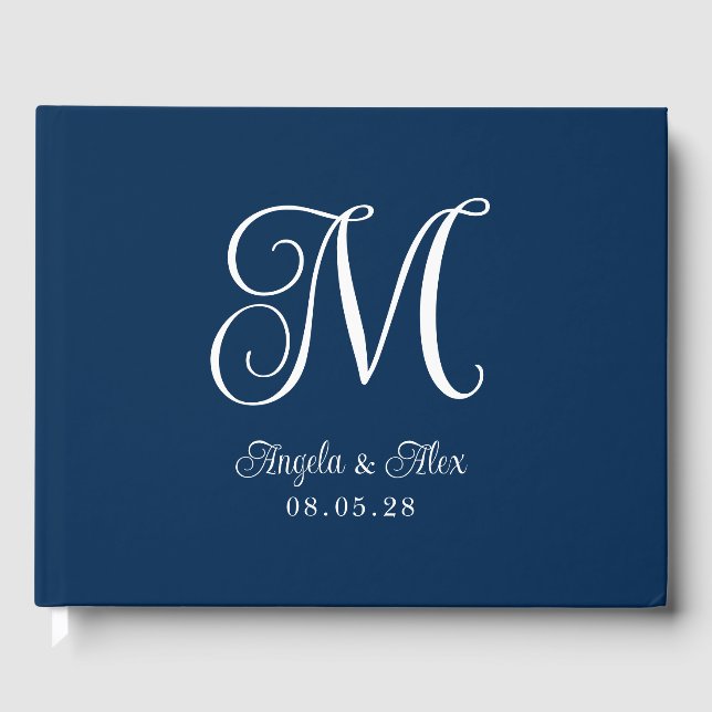 Navy Blue and White Pretty Curly Wedding Monogram Guest Book (Front)