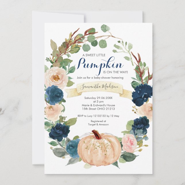 Navy Blue and White Pumpkin Baby Shower Invitation (Front)