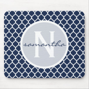 Navy Blue and White Quatrefoil Monogram Mouse Mat