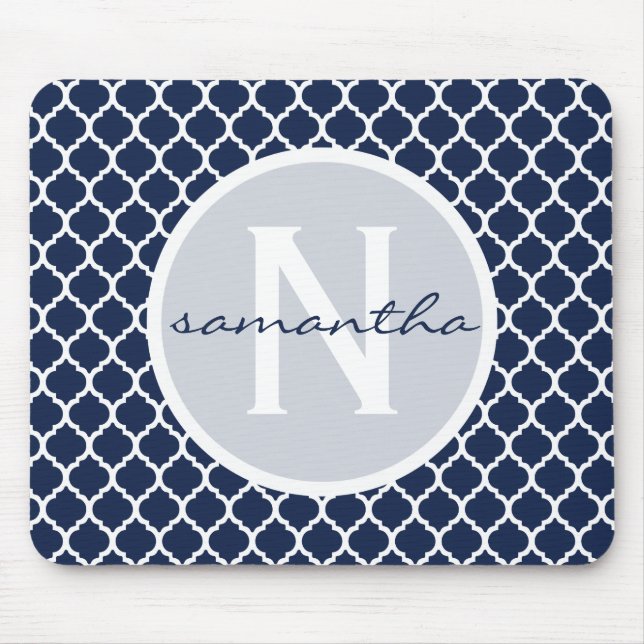 Navy Blue and White Quatrefoil Monogram Mouse Mat (Front)
