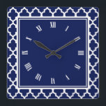 Navy Blue and White Quatrefoil Pattern Square Wall Clock<br><div class="desc">Navy Blue and White Quatrefoil Clocks. ⭐This Product is 100% Customisable. *****Click on CUSTOMIZE BUTTON to add, delete, move, resize, changed around, rotate, etc... any of the graphics or text. 99% of my designs in my store are done in layers. This makes it easy for you to resize and move...</div>