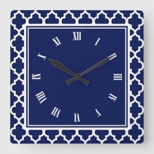 Navy Blue and White Quatrefoil Pattern Square Wall Clock