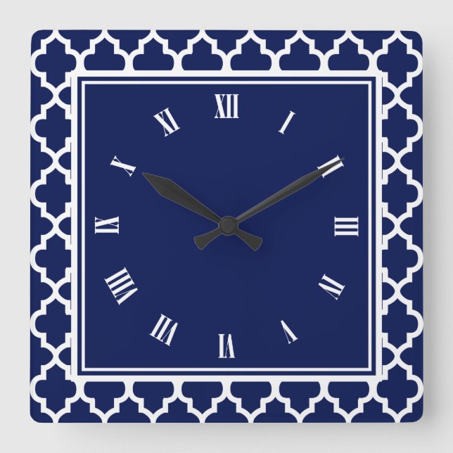 Navy Blue and White Quatrefoil Pattern Square Wall Clock (Front)