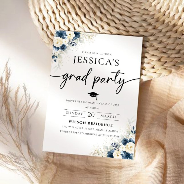 Navy Blue and White Rose Graduation Invitation (Creator Uploaded)
