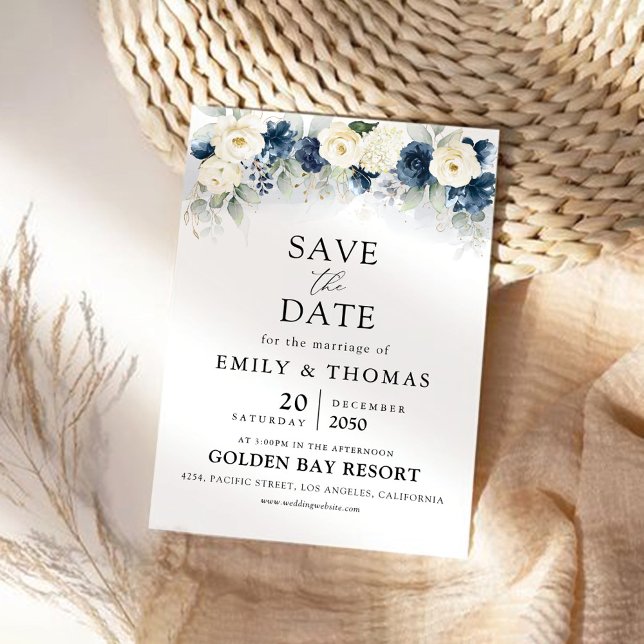 Navy Blue and White Rose Save The Date Cards (Creator Uploaded)