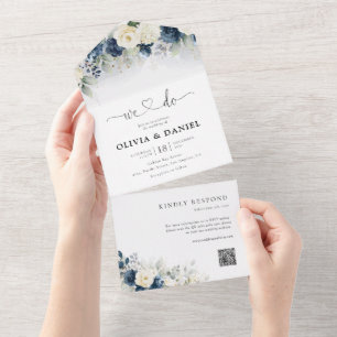 Navy Blue and White Rose Wedding All In One Invitation