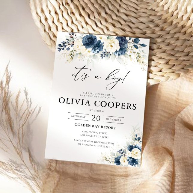 Navy Blue and White Roses Baby Shower Invitation (Creator Uploaded)