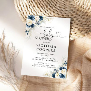 Navy Blue and White Roses Baby Shower Invitation