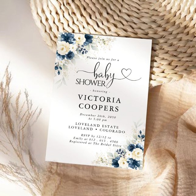 Navy Blue and White Roses Baby Shower Invitation (Creator Uploaded)