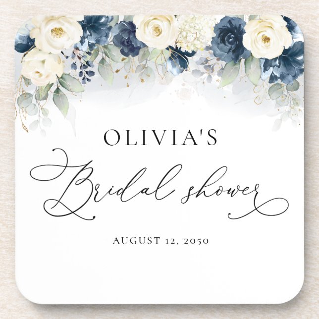 Navy Blue and White Roses Bridal Shower Coaster (Front)