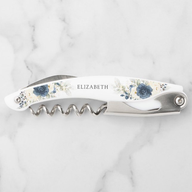 Navy Blue and White Roses Bridal Shower Corkscrew (Back)