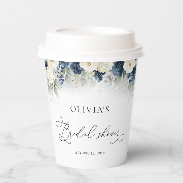 Navy Blue and White Roses Bridal Shower Paper Cups (Front)