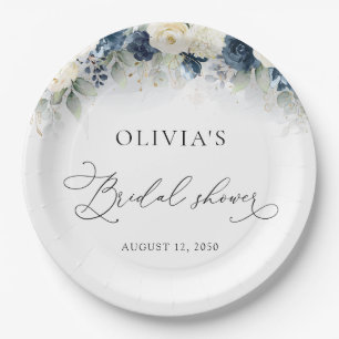 Navy Blue and White Roses Bridal Shower Paper Plate