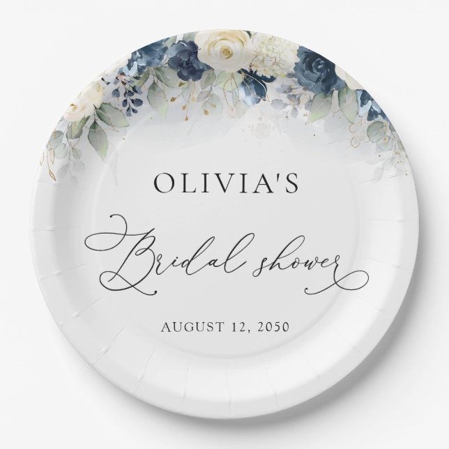 Navy Blue and White Roses Bridal Shower Paper Plate (Front)