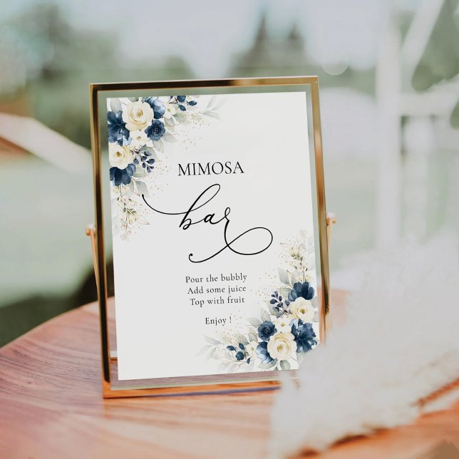 Navy Blue and White Roses Mimosa Bar Sign (Creator Uploaded)