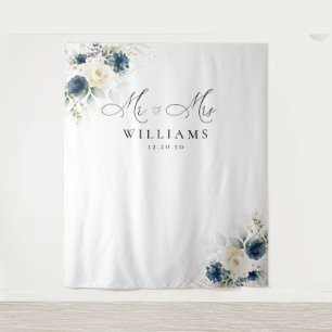 Navy Blue and White Roses Wedding Backdrops Tapestry