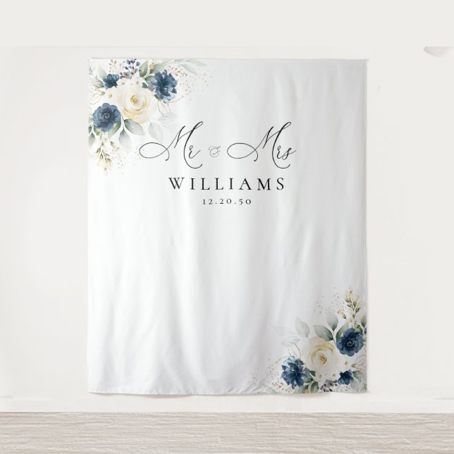 Navy Blue and White Roses Wedding Backdrops Tapestry (Front)