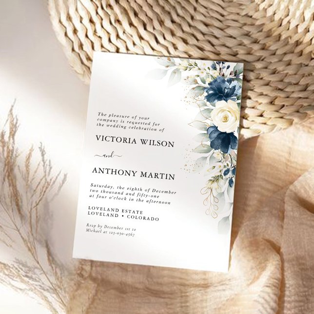 Navy Blue and White Roses Wedding Ceremony Invitation (Creator Uploaded)