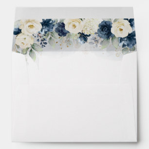 Navy Blue and White Roses Wedding Envelope