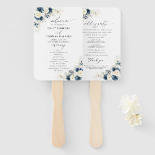 Navy Blue and White Roses Wedding Program Hand Fan