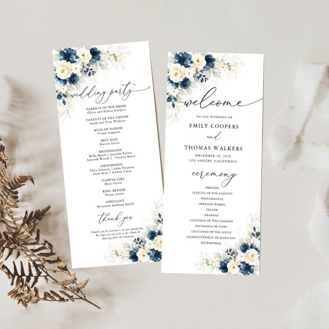 Navy Blue and White Roses Wedding Program Programme (Creator Uploaded)