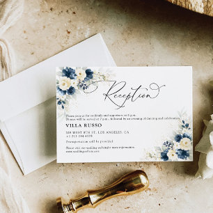 Navy Blue and White Roses Wedding Reception Enclosure Card