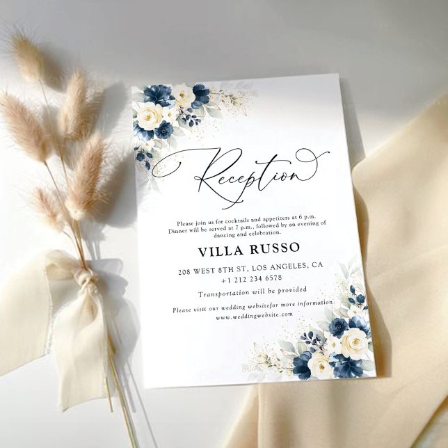 Navy Blue and White Roses Wedding Reception Enclosure Card (Creator Uploaded)