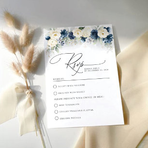 Navy Blue and White Roses Wedding RSVP Card