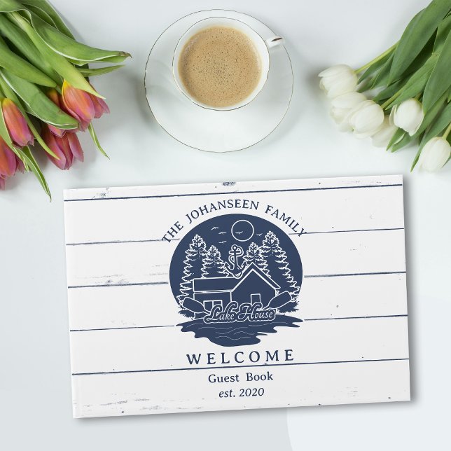 Navy Blue and White Rustic Wood Lake House Family Guest Book (Creator Uploaded)