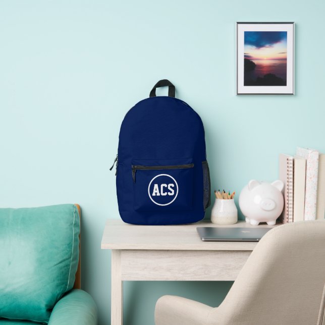 Navy Blue and White School Colours and Letters Printed Backpack (Insitu)