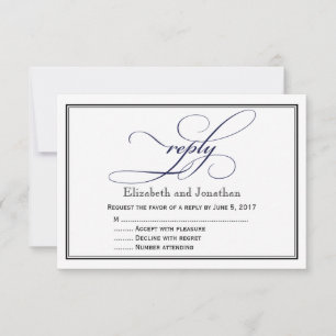 Navy Blue and White Script Wedding Reply Card