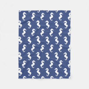 Navy Blue And White Seahorse Pattern Fleece Blanket