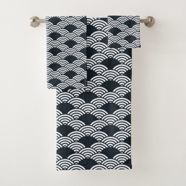 Navy blue and white Seigaiha waves pattern Bath Towel Set (Insitu)