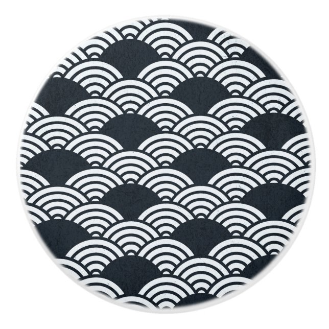Navy blue and white Seigaiha waves pattern Ceramic Knob (Front)